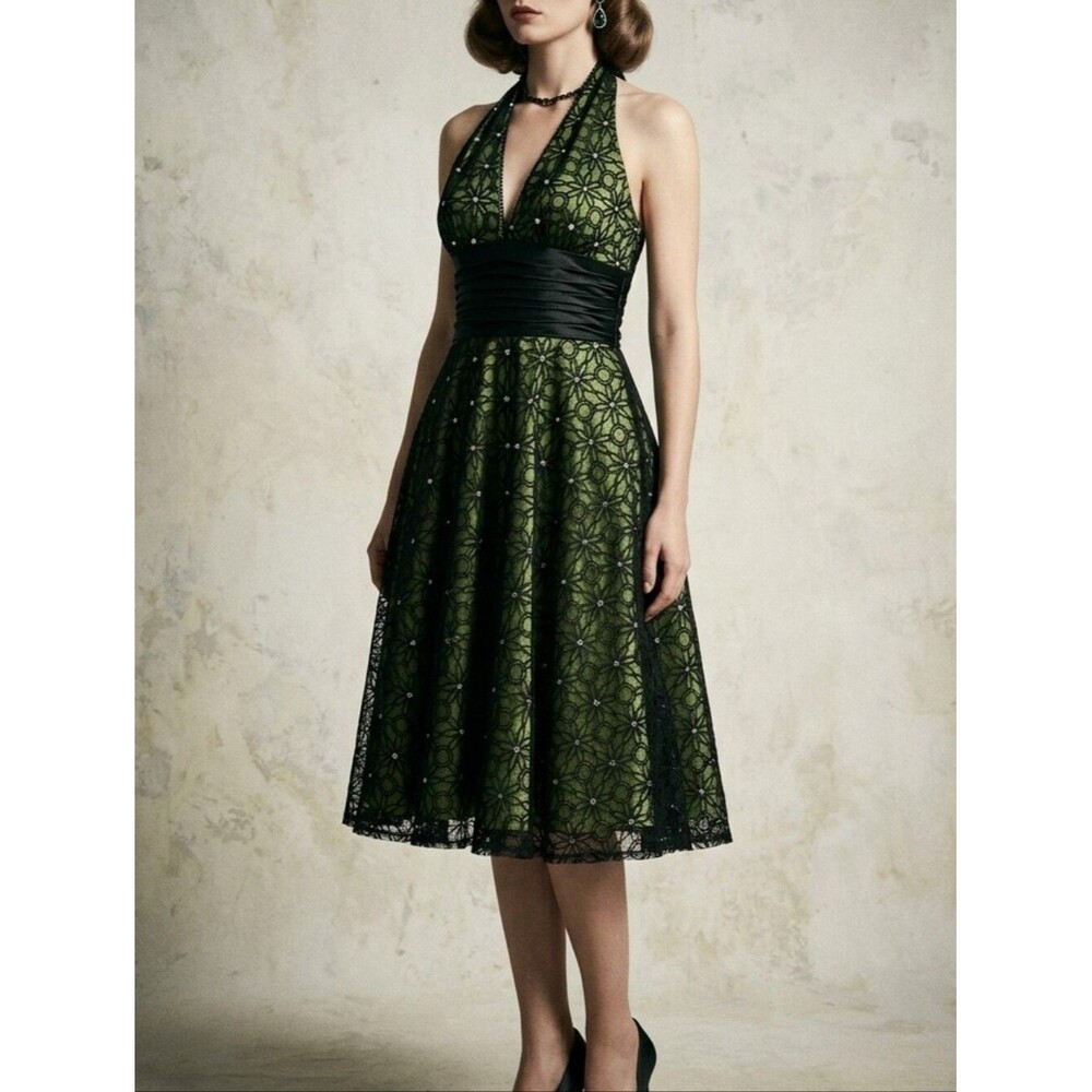 Adrianna Pappell Boutique green black retro sparkly halter fit and flare dress
